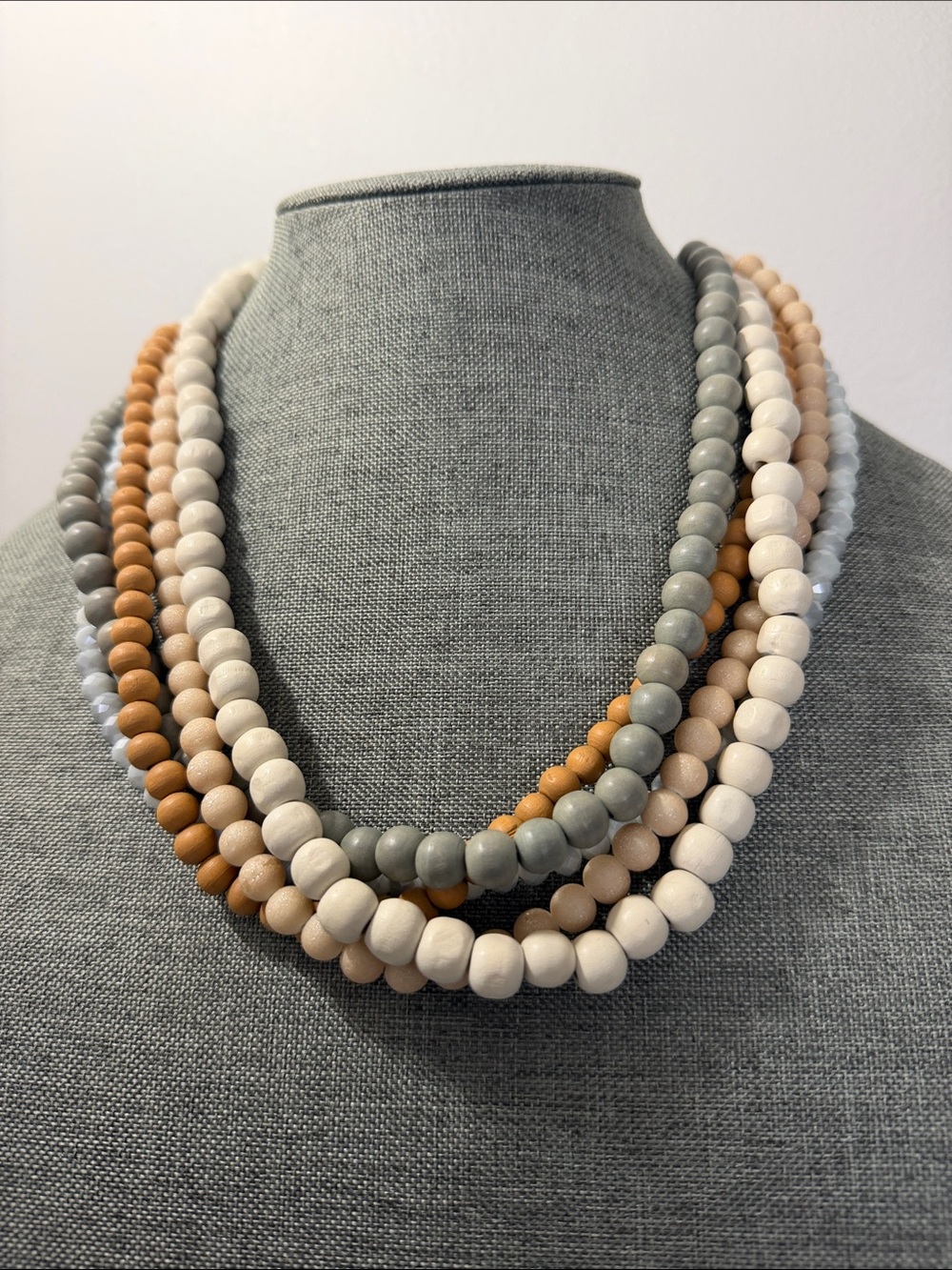 Neutral Multi-Strand Beaded Necklace in Cream, Tan & Gray